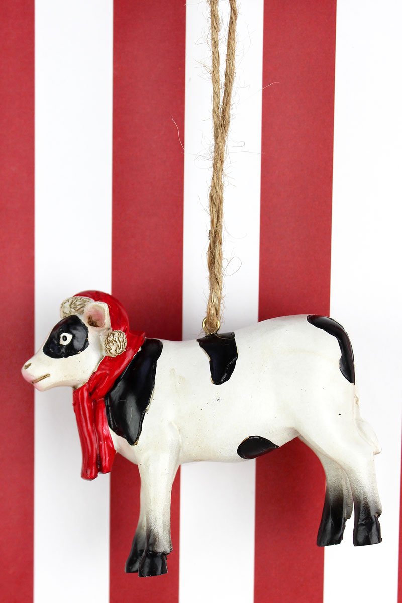 CHRISTMAS COW RESIN ORNAMENT, 3.25"