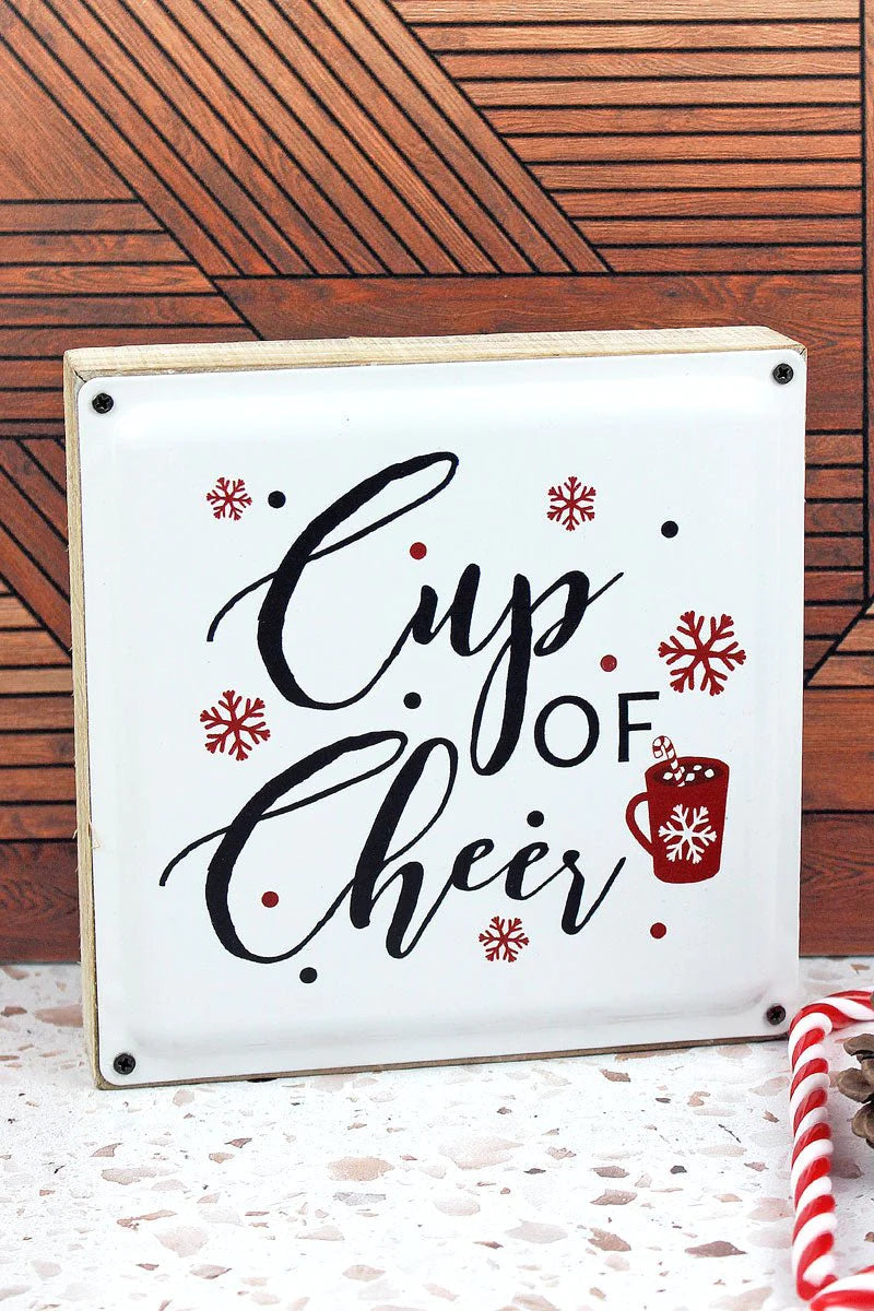 6 X 6 'CUP OF CHEER' ENAMEL AND WOOD BOX SIGN