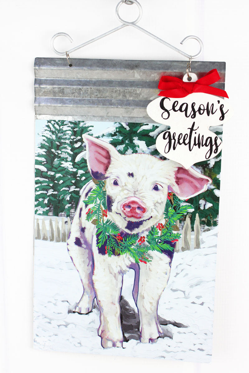 11.5 X 7 'SEASONS GREETINGS' CHRISTMAS PIG TIN WALL SIGN