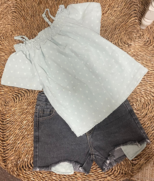 Girls Swiss Dot Cold Shoulder Top with Jean Shorts