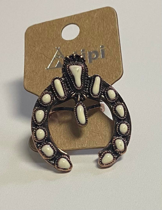 White Beaded Copper Tone Ring