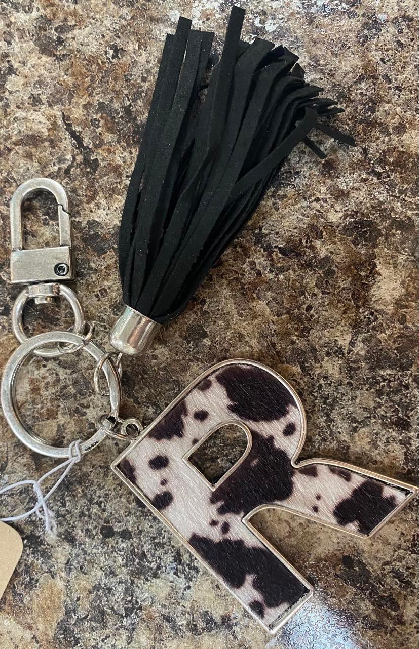 Cow Hide Initial Tassel Keychain
