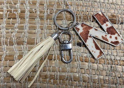 Cow Hide Initial Tassel Keychain