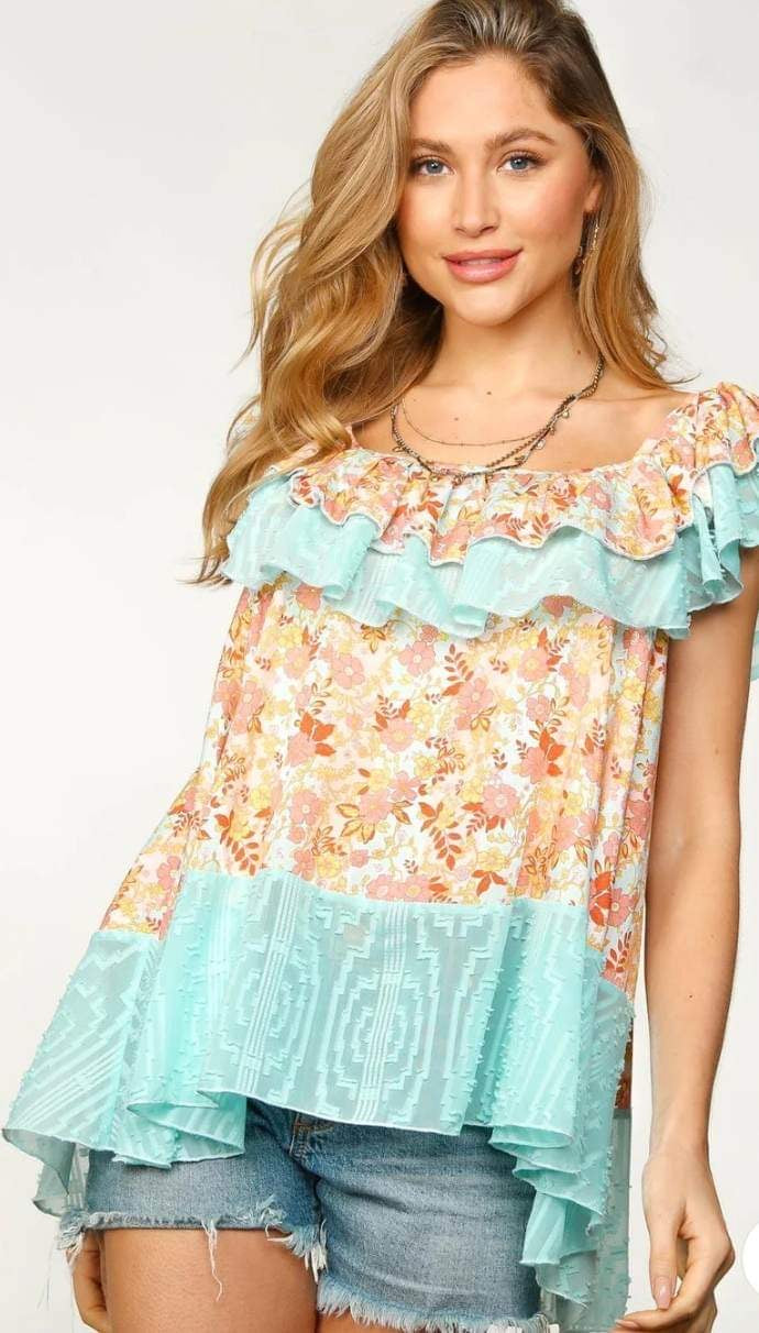 Aqua Floral Print Square Neck with Ruffle top