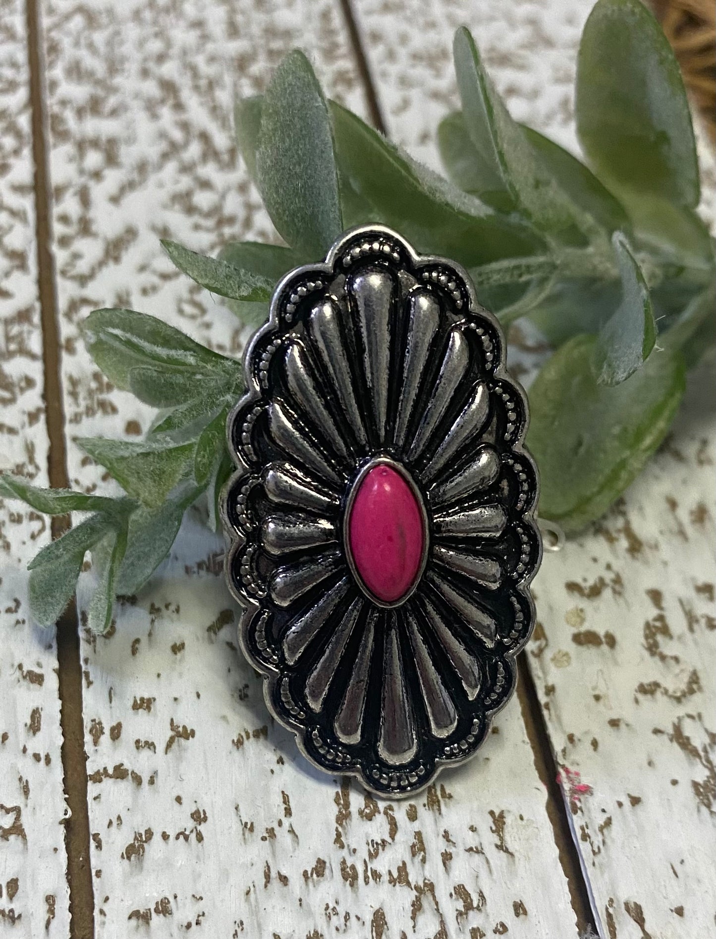 Oval Silver Tone Ring with Pink Stone