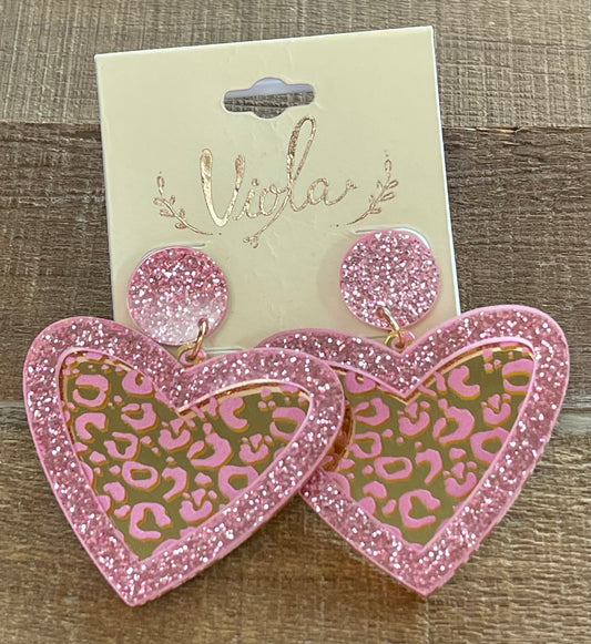 Pink leopard print heart earrings