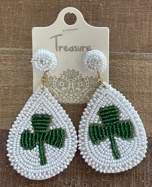 Shamrock white seed bead earrings