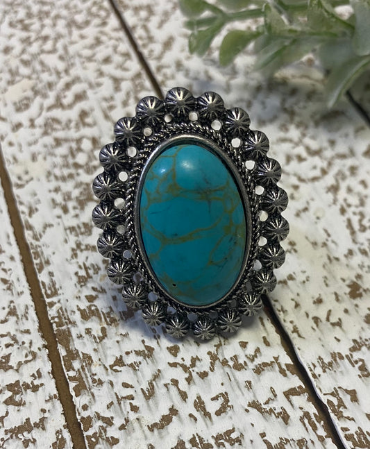 Oval Shaped Turquoise Stone Silver Tone Ring