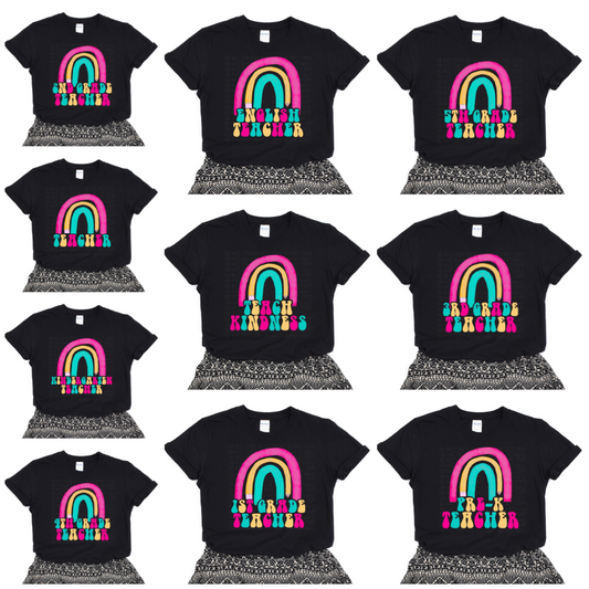 Rainbow Retro Teacher Black Tee (Multiple Options Available)