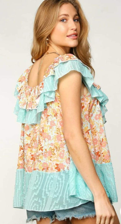 Aqua Floral Print Square Neck with Ruffle top