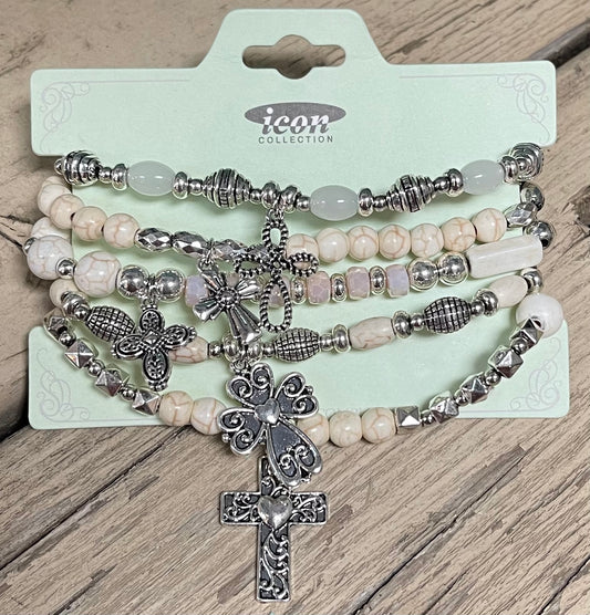 Silvertone Cross Charm Bracelet Set