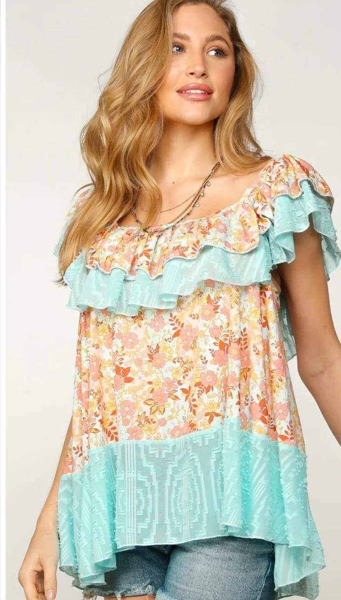 Aqua Floral Print Square Neck with Ruffle top