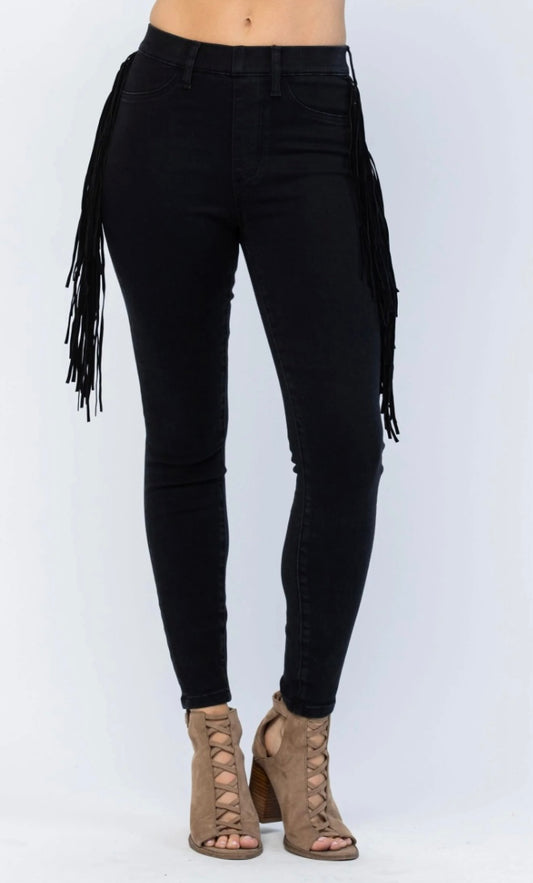 JUDY BLUE High Rise Side Fringe Jeggings