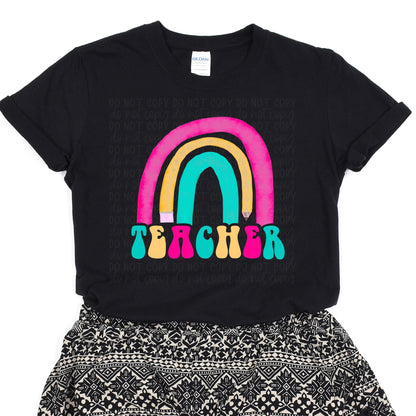 Rainbow Retro Teacher Black Tee (Multiple Options Available)