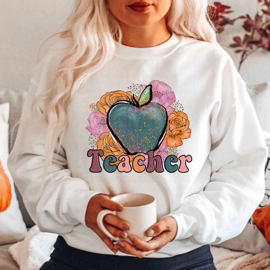 Teacher Retro Floral White Crew Neck Sweatshirt