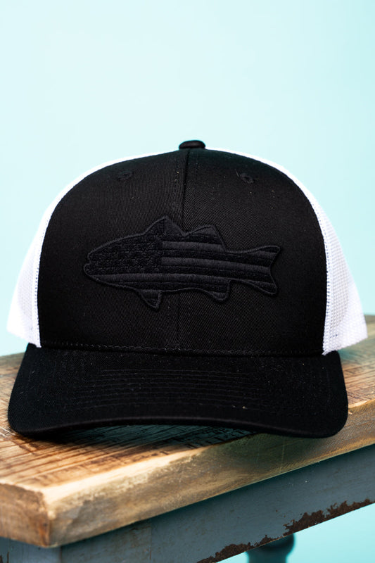 BLACK SUBDUED FLAG FISH WHITE MESH CAP