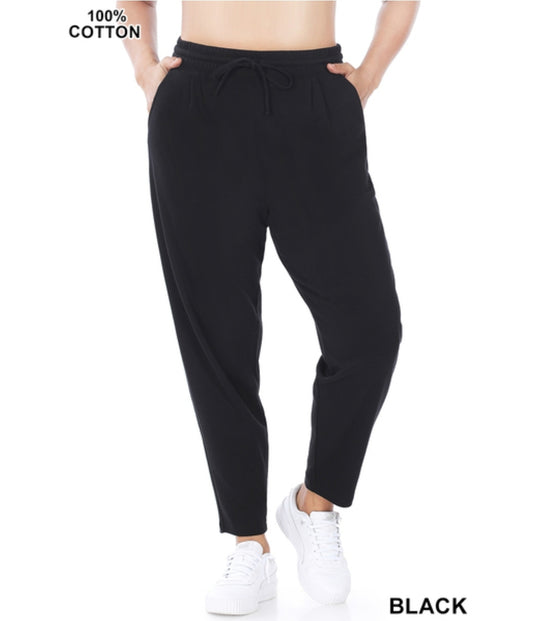 Black Cotton Elastic Waist Ankle Pants