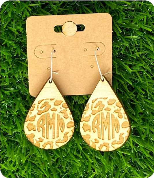 Teardrop Wooden Leopard Monogram Earrings