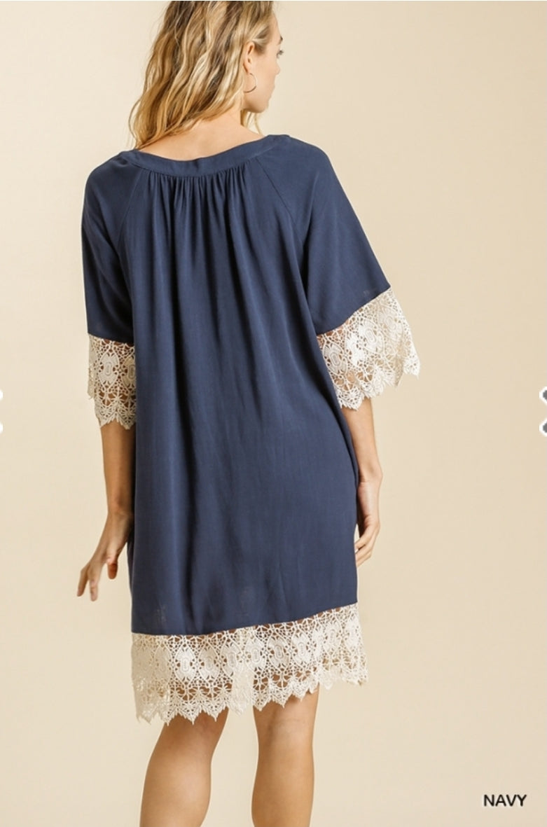 Linen Blend Lace Hem Detail Square Neck Dress with Pockets