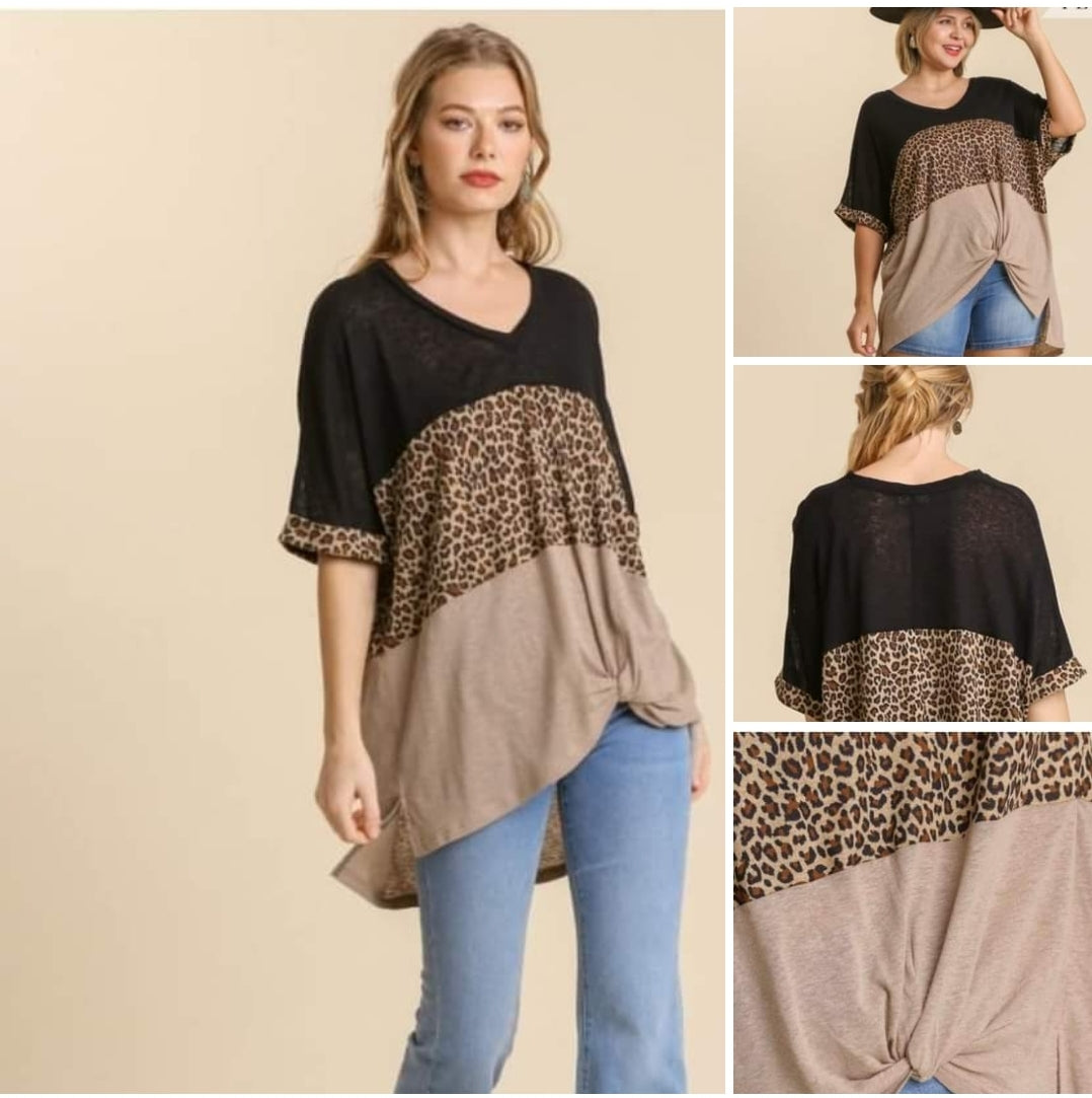 Linen blend short sleeve leopard print tie front top