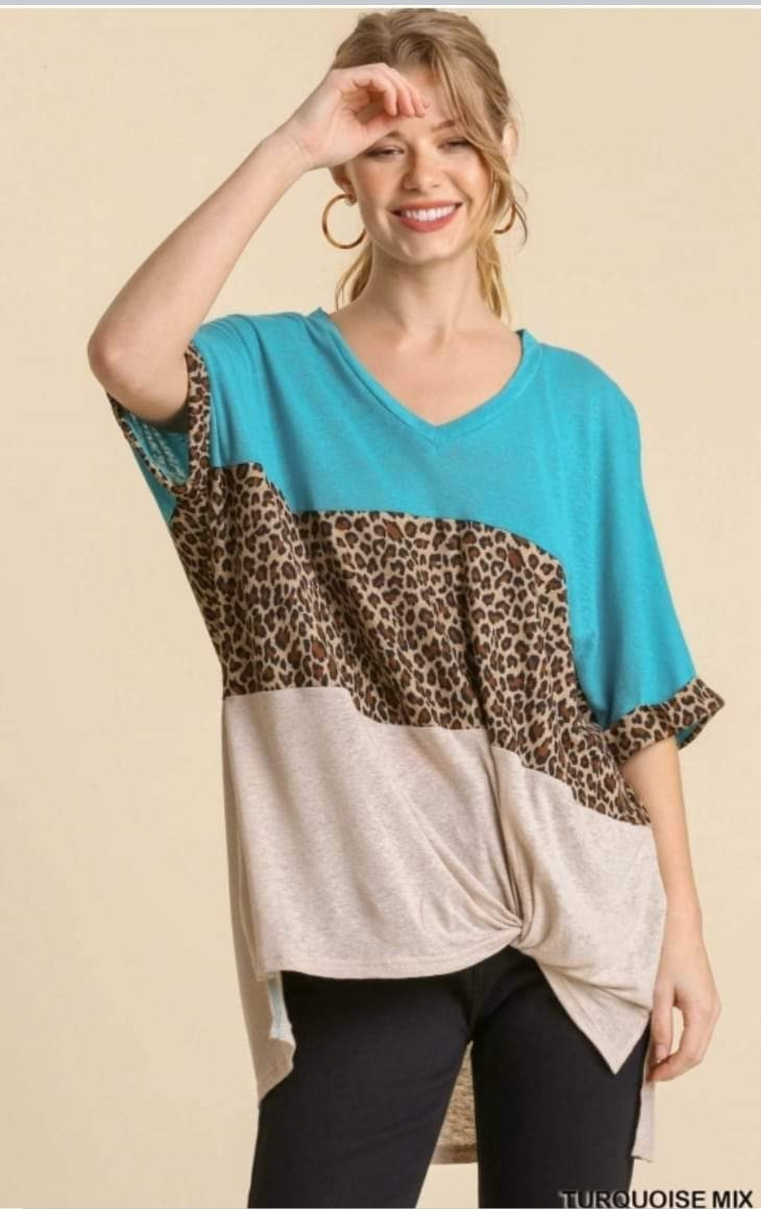 Linen blend short sleeve leopard print tie front top