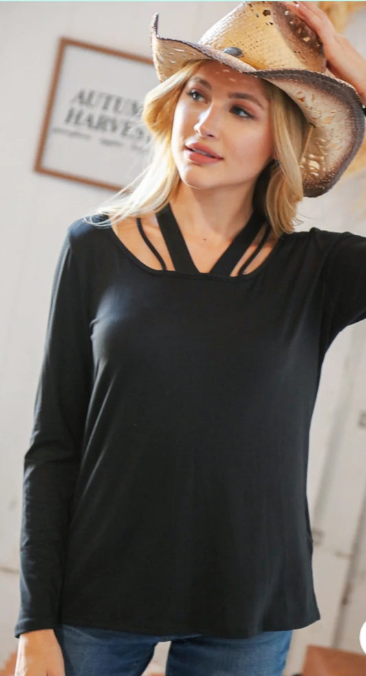 Black Cut Out Lattice Strapy Neck Knit Top