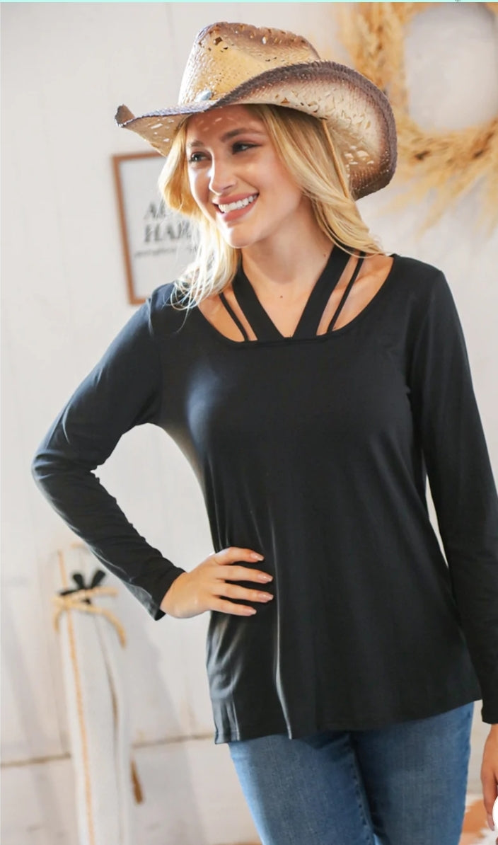 Black Cut Out Lattice Strapy Neck Knit Top