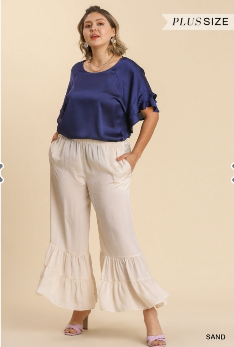 Matte Charmeuse Wide Ruffle Leg Pants with Pockets and No Lining