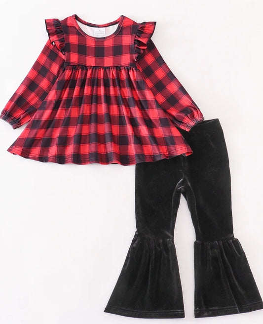 Red plaid ruffle top with bell pants