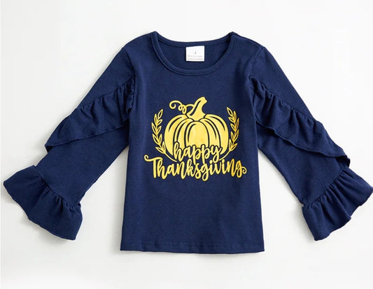 Navy Thankful Long sleeve ruffle top