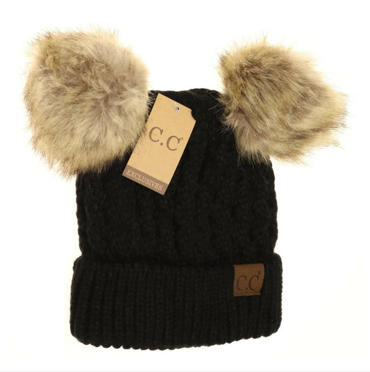 Cable Knit Double Pom CC Beanie