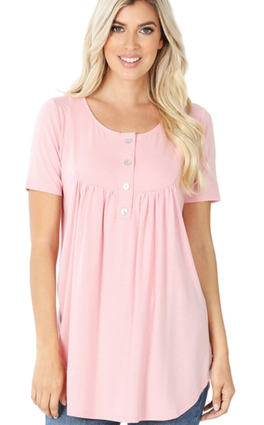 Short Sleeve Dolphin Hem Button Top(DOORBUSTER)