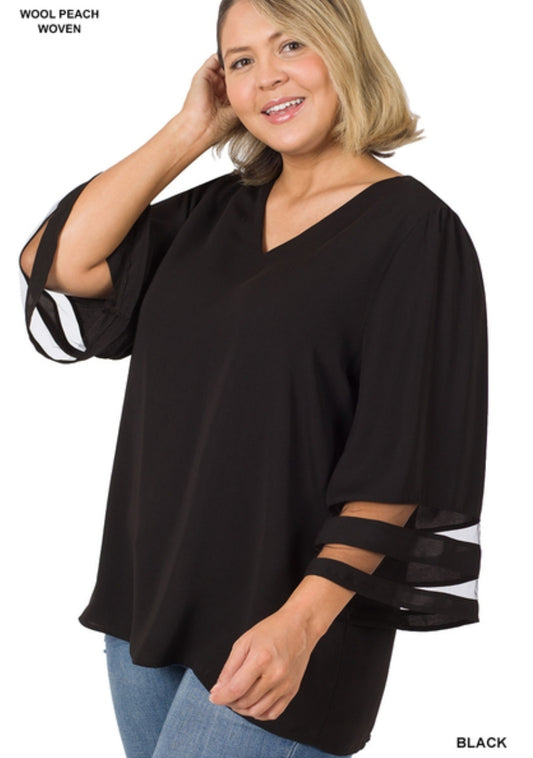 Mesh panel 3/4 bell sleeve top