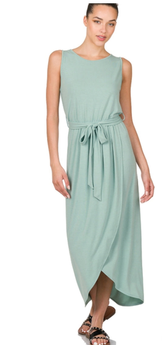 Belted sleeveless tulip dress