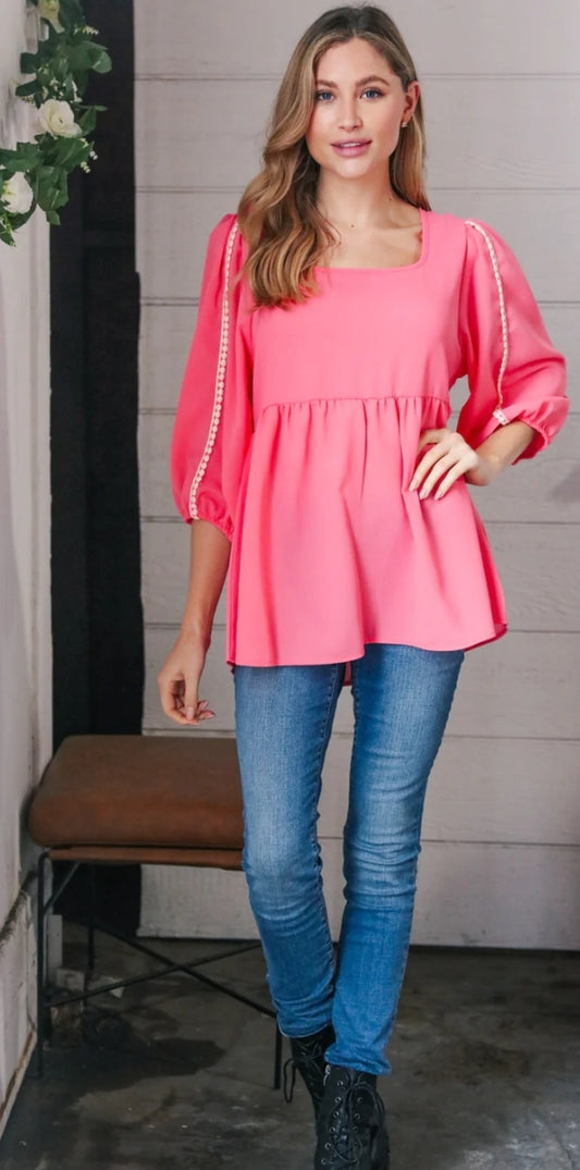 LIGHT CORAL BABYDOLL PEPLUM BUBBLE SLEEVE POM POM TOP