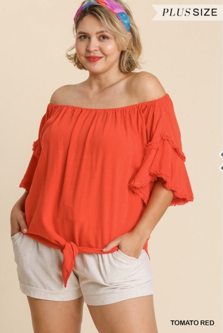 Linen Blend Layered Ruffle Sleeve Off Shoulder Top with Front Tie and Fringe Details