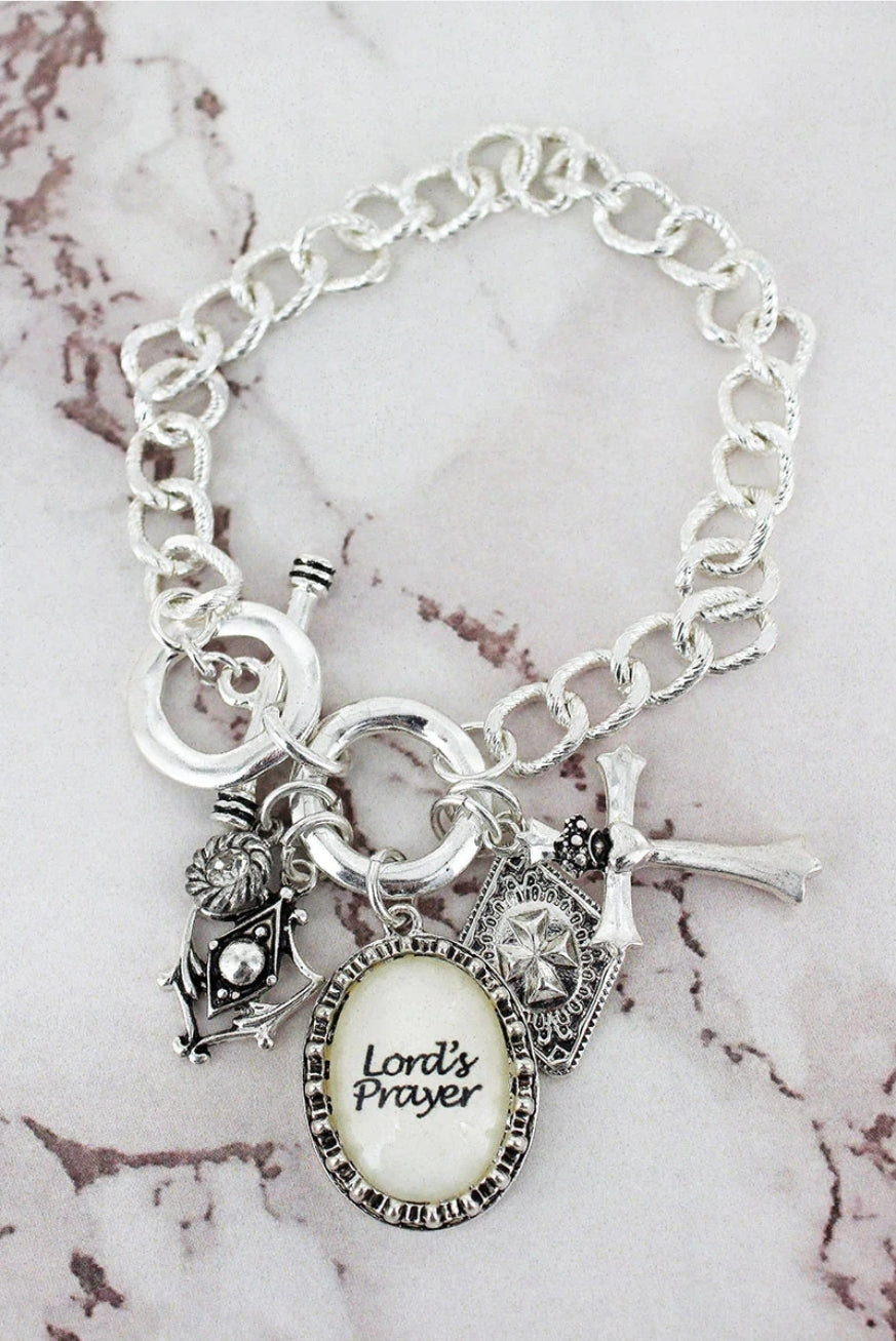 SILVERTONE 'LORD'S PRAYER' BUBBLE OVAL CLUSTER CHARM TOGGLE BRACELET