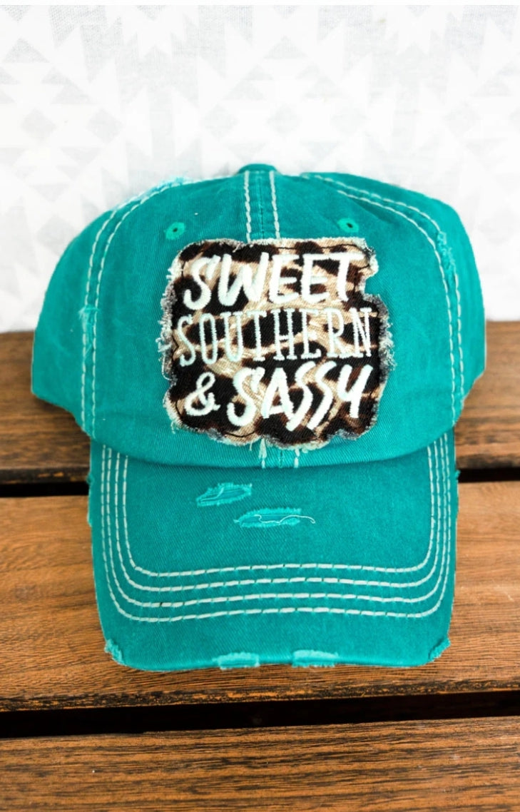 DISTRESSED TURQUOISE WITH LEOPARD 'SWEET SOUTHERN & SASSY' CAP