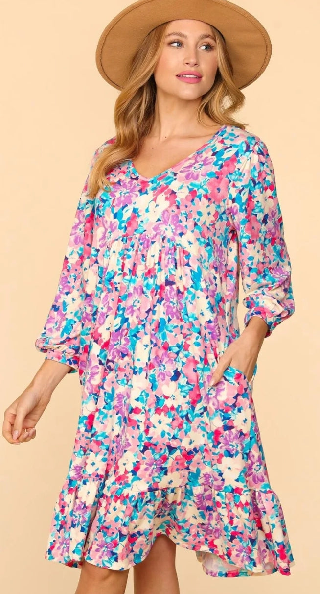 FUCHSIA BLUE FLORAL BABYDOLL RUFFLE MIDI LENGTH DRESS