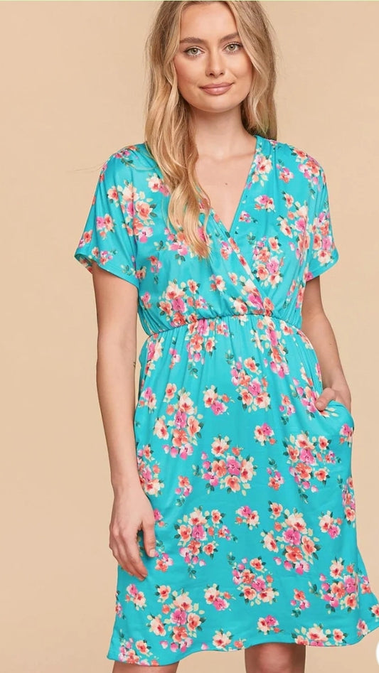 AQUA FLORAL SHORT SLEEVE SURPLICE POCKETED DRESS