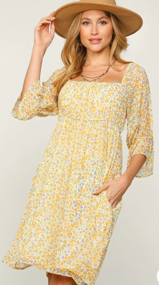 CREAM YELLOW YORU FLORAL RUFFLE MINI DRESS WITH SIDE POCKET