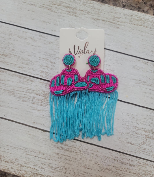 TURQUOISE & FUCHSIA COWGIRL HAT FRINGE EARRINGS