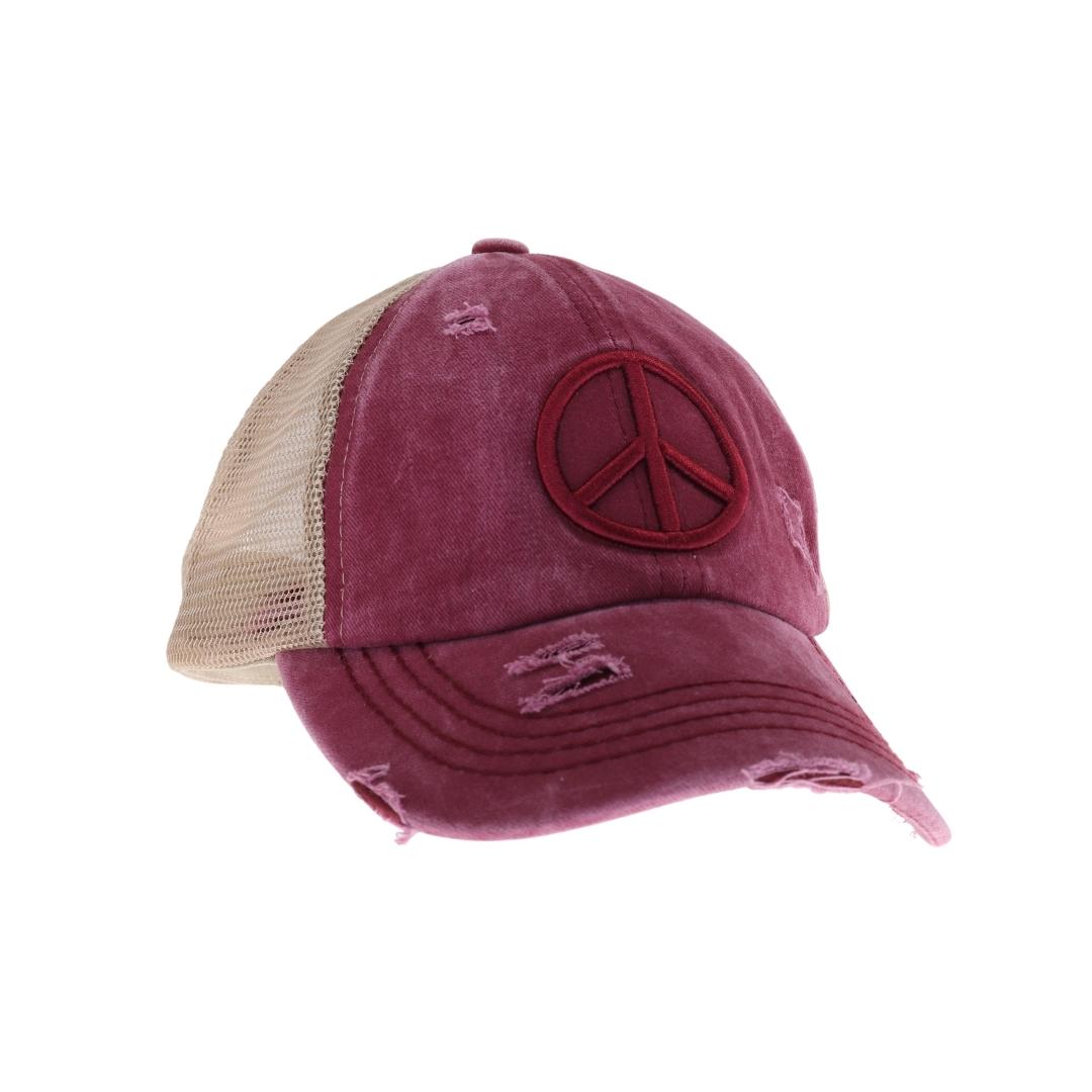 Distressed Embroidered Peace Sign Criss Cross High Pony C.C Ball Cap