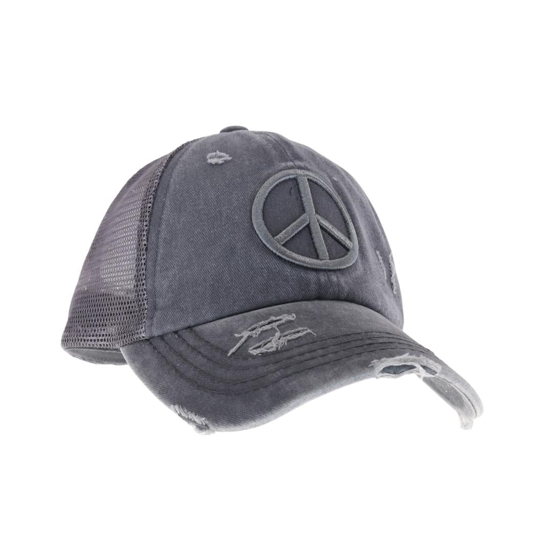 Distressed Embroidered Peace Sign Criss Cross High Pony C.C Ball Cap