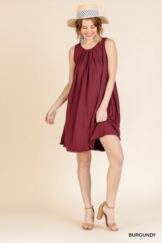 Sleeveless Basic Round Neck Shift Dress with Crochet Trim and Pintuck Neck Detail