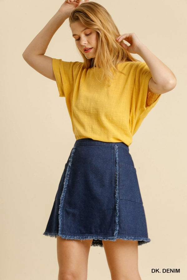 Frayed Hem Denim Skirt with Pockets and Back Zipper