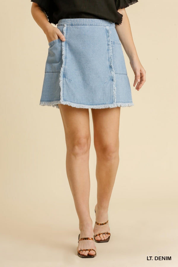 Frayed Hem Denim Skirt with Pockets and Back Zipper