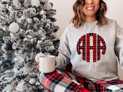 Red Plaid Personalized Monogram Crew Light grey Sweatshirt-PREORDER