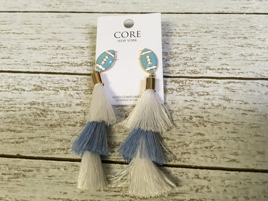 White and Blue Football Tiered Tassel Earrings