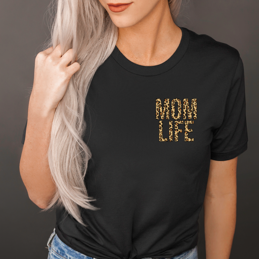 Cheetah Mom life pocket black tee